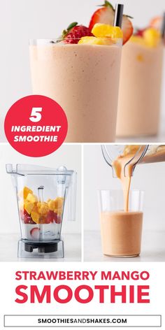 strawberry mango smoothie recipe in a blender with the text 5 ingredient smoothie