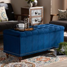 Baxton Studio Kaylee Modern and Contemporary Navy Blue Velvet Fabric Upholstered Button-Tufted Storage Ottoman Bench FredCo theFredCo Blue Velvet Fabric, Brown Legs, Tufted Storage Ottoman, Modern Ottoman, Navy Blue Velvet, Baxton Studio, Storage Ottoman Bench, Elegant Bedroom, Upholstered Storage