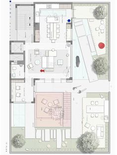 an aerial view of the floor plan of a house with several rooms and living areas