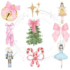 watercolor christmas clipart set with pink bows, candy canes and other items