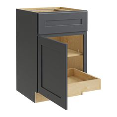 the base cabinet is made from wood and has two drawers, one with an open door