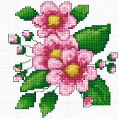 a cross stitch pattern with pink flowers and green leaves on the bottom half of it