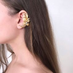 Leaf Ear Cuff Bridal, Wedding Jewelry Boho, Ear Climber, Gold Leaves Full Earrings, Grecian Jewelry, No Piercing Ear Cuff Bridal - Etsy Ear Climber Earrings Gold, Full Earrings, Leaf Hair Piece, Leaf Ear Cuffs, Gold Star Earrings, Crystal Bridal Tiaras, Ear Climbers Earrings, Crystal Hair Pins, Ear Climber