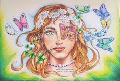 a drawing of a woman with butterflies on her head