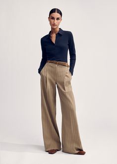 Lightweight Pinstripe Wide-Leg Pant | ME+EM Pinstripe Trousers Outfit, Brown Trousers Outfit, Polo Outfits For Women, Pinstripe Pants Outfit, Navy Pants Outfit, Wide Leg Trousers Outfit, Polo Outfit, Brown Pinstripe, Leg Pants Outfit