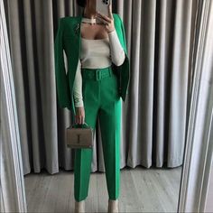 Zara Pants With Fabric-Covered Zara Inverted Lapel Long Blazer Simply Beautiful Green Office Pants, Zara Blazer Outfit, Woman Trousers, Zara Suits, Green Office, Outfit Zara, Office Pants, Zara Blazer, Long Blazer