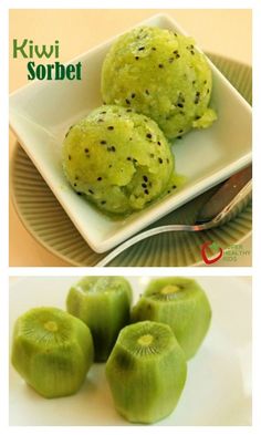 kiwi sorbet on a white plate with green fruit in the middle and below