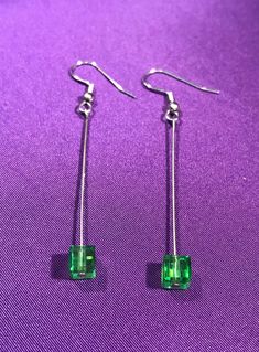 Each earring has one green 5mm cubed glass bead dangling on a 2 inch pin and hook. Diy Earrings Easy, Cluster Bracelets, Green Square, Stainless Steal, Square Bead, Earrings Green, Square Earrings, Bead Earrings, Beaded Dangles