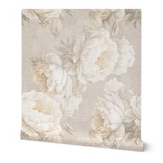 a beige floral wallpaper with white flowers