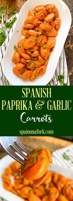 spanish paprika and garlic carrots on a white plate with a fork in it