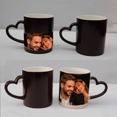 three coffee mugs with the same photo on them, one has a heart - shaped handle