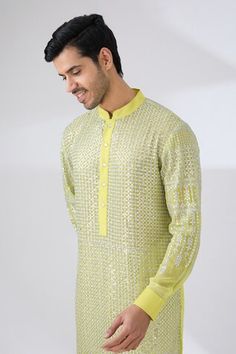 Neon yellow georgette kurta with silver thread and sequin embroidery. Paired with a pant. - Aza Fashions Georgette Kurta, Men Kurta, Sequin Embroidery, Kurta With Pants, Sequins Embroidery, Band Collar, Thread Work, Pant Set, Neon Yellow