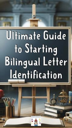 a sign that says ultimate guide to starting bilingual letter identification with an easel and books