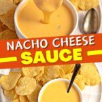 nacho cheese sauce is being poured into a bowl with chips and dip in it