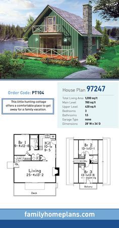 the floor plan for this small cabin home is shown in blue and green, with an open