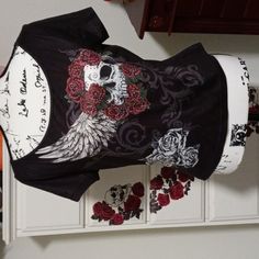 Shein Brand. Skull, Roses And Wings Print On Black Short Shirt. Xl ...But Would Say Its Us L. New Never Worn. Shein Tops, Short Shirts, Black Shorts, Colorful Shirts, Womens Tops, Women Shopping, Black, Clothes, Color