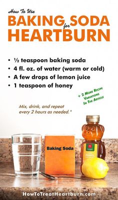 Baking soda can be used as a low-cost antacid for treating heartburn and acid reflux. For instant heartburn relief with baking soda, try these 4 recipes. Baking Soda And Honey, Heart Burn Remedy, Baking Soda Shampoo, Diy Remedies, Natural Cough Remedies, Cough Remedies, Lose 40 Pounds