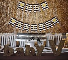 a baby shower banner with gold glitter and black stripes on it, next to an image of the word baby spelled out