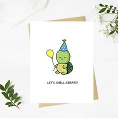 a card with an image of a turtle wearing a party hat and holding a balloon