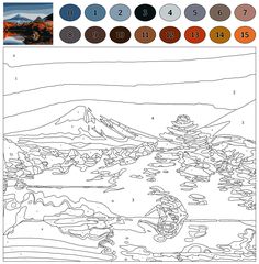 a coloring book page with an image of mountains and trees in the background, which includes numbers