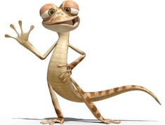 a cartoon gecko is making a funny face and holding his hand out to the side