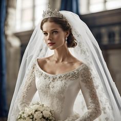 a woman in a wedding dress holding a bouquet and wearing a tiara on her head