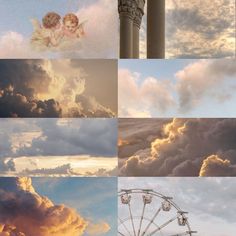 the sky is filled with clouds and there are pictures of different things in it, including a ferris wheel