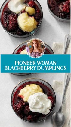 three plates filled with blackberry dumplings and topped with whipped cream