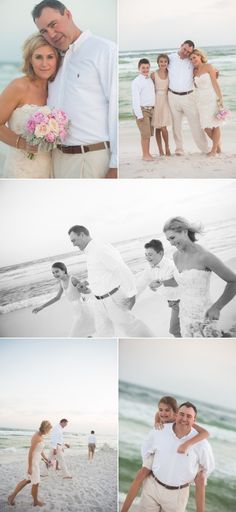 a couple and their wedding party on the beach