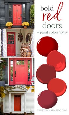 red front doors Red Door House Color Schemes, White House Black Trim Exterior Red Door, Red Exterior Paint Colors For House, Red Door Decor, Red Front Doors Ideas, Red Door Front Porch Decorating Ideas, Red Porch Ideas, Red Front Door Colors, Red Door Colors