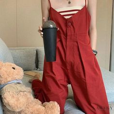 Lasaky - Vintage Red Overall Jumpsuit with High Waist, Floor-Length Straight Leg Pants, and Strapless Top High Waist Jumpsuit, Overalls Vintage, Overall Jumpsuit, New Chic, Loose Fitting Dresses, Wide Leg Jumpsuit, Daily Outfits, Straight Leg Pants, Leg Pants