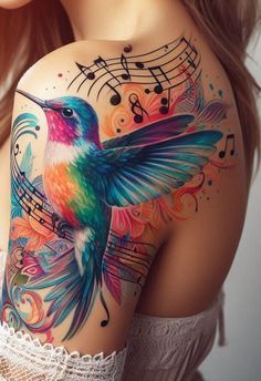 a woman with a colorful hummingbird tattoo on her arm and shoulder, next to music notes