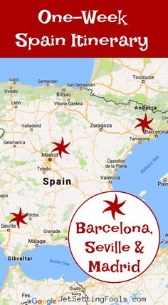 a map with red stars on it and the words barcelona, svile & madrid