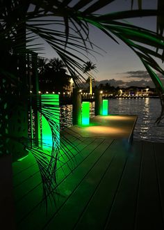 green lights are lit up on the dock by the water at night with palm trees in the foreground