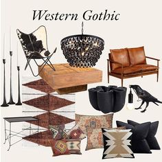 a collage of furniture and decor with the words western gothic written in black on it