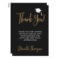 a black and gold graduation thank card