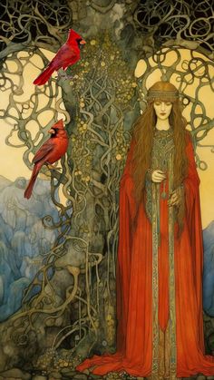 a painting of a woman standing in front of a tree with two birds perched on it