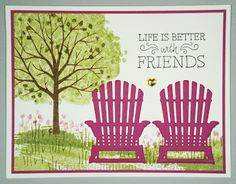 a card with two pink chairs facing each other and the words life is better with friends