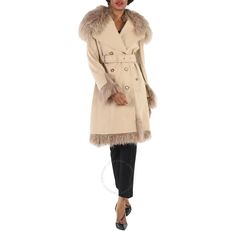 Burberry Ladies Outerwear. Fashion category: Coats & Jackets. SKU: 4562479. Color: Honey. Burberry Cotton Gabardine Shearling Trim Belted Trench Coat. This trench coat from Burberry features a double-breasted and concealed zip closure, button-through welt pockets, belted waist, a Vintage check lining and Mongolian shearling collar, cuffs and hem. Outer: 100% cotton. Made in Italy. Luxury Beige Outerwear With Faux Fur Trim, Designer Double-breasted Winter Outerwear, Designer Fur Coat For Fall, Designer Long Sleeve Outerwear With Faux Fur Trim, Double-breasted Faux Fur Trim Workwear Outerwear, Double-breasted Workwear Outerwear With Faux Fur Trim, Double-breasted Outerwear With Faux Fur Trim For Work, Luxury Outerwear With Faux Fur Trim For Work, Burberry Touch