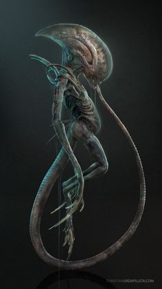 an alien is standing in the dark with its head turned to look like it's holding