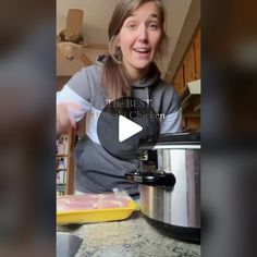 a woman standing in front of an electric pressure cooker with the words, the best instant chicken