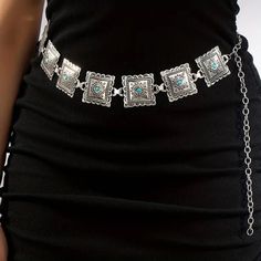 Linked Textured Metal Plate Belt Embedded W/ Turquoise Stone One Size 40 Inch Long Adjustable Belt Is Sealed Brand New Fast Shipping Gunmetal Ring, Turquoise Western, Silver Belt, Silver Belts, Nike Air Max Tn, Bow Detail Dress, Western Belts, 20th Birthday, Metal Plate