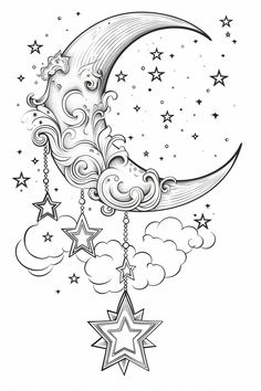 a drawing of a crescent with stars hanging from it