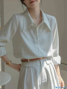 Orcajump - Striped Print Button Front Shirt, Business Casual Long Sleeve Shirt, Women's Clothing Korean Work Outfit Business Casual, How To Style Button Up Shirts Women, White Outfits Aesthetic, Office Shirts For Women, Bussines Casual Woman, Formal Shirts Women, Simple Work Outfits, Collar Shirts Women, Long Sleeve Shirt Women