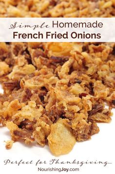 homemade french fried onions on a white plate with text overlay that reads simple homemade french fried onions