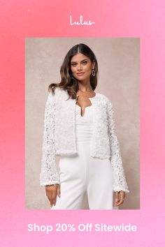 Adding the Lulus Gorgeous Poise White 3D Floral Cropped Shrug Jacket to your big-day look will enhance your bridal beauty and style! Elegant three-dimensional floral appliques decorate a sheer mesh overlay that shapes this bolero-style jacket that features an open-front silhouette with long sleeves, a cropped bodice, and a hidden top clasp closure. Fit: This garment fits true to size. Length: Size medium measures 20.5" from shoulder to hem. Bust: Great for any cup size. Waist: Not Fitted - comfortable room throughout midsection. Fabric: Fabric has no stretch. Unlined. 100% Polyester. Hand Wash Cold. Do Not Bleach. Line Dry. Iron Low Heat. Imported. Lulus | Gorgeous Poise White 3D Floral Cropped Shrug Jacket | 100% Polyester. Feminine Fall Wedding Outerwear, Chic White Outerwear With Floral Embroidery, Spring Wedding Outerwear With Floral Embroidery, White Outerwear With Floral Embroidery For Wedding, Feminine Spring Wedding Outerwear, Spring Party Outerwear With Floral Embroidery, Fall Wedding Outerwear With Floral Embroidery, Wedding White Outerwear With Floral Embroidery, Chic Lace Outerwear For Party