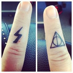 two pictures of the same person's hand with tattoos on them, one has a lightning bolt