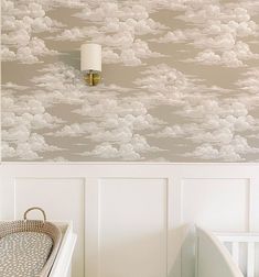 Dreamy vibes 💭💭💭💭 Via @pinterest #nurserydecor #nurseryshelf #nursery #babyroom #babyroomdecor #babyfirstyear #newmom #newbaby Silvi Clouds Wallpaper, Cloud Wallpaper Bedroom Kids Rooms, Nursery Panelling And Wallpaper, Cloud Wallpaper Nursery, Panelled Nursery, Nursery Panelling, Cloud Wallpaper Bedroom, Cloud Theme Nursery, Nursery Wallpaper Accent Wall