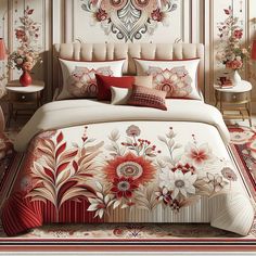 a large bed with red and white flowers on the comforter, pillows and pillow cases