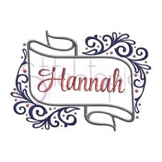 the name hannah in an ornate frame with red and blue trimmings on it